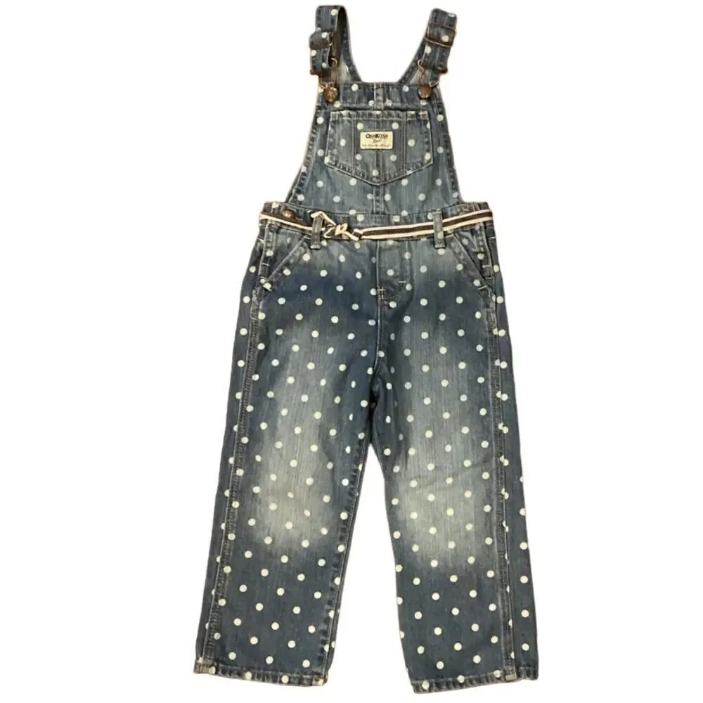 Oshkosh Polka Dot Overalls 3T Blue Denim Bibbed White Circles Tie Belt Vestbak